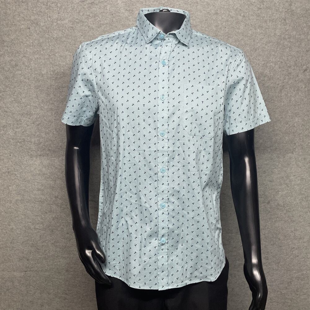 Bruno Milano Stretch Mens M Short Slv Button Up Shirt Lt Blue Anchor Polka Dots